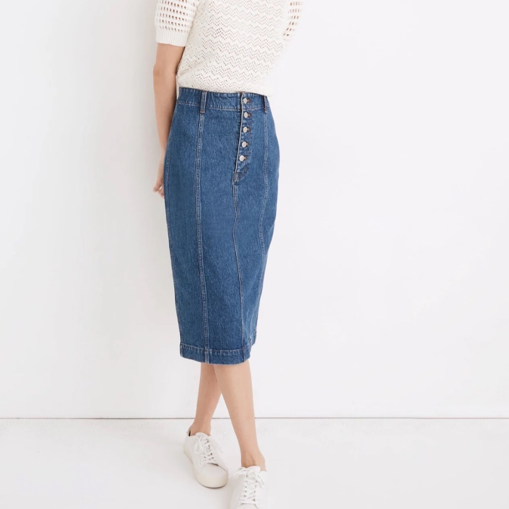 Madewell Button Front‎ Denim Midi Pencil Skirt Y2K Retro Cotton Blend Size 32